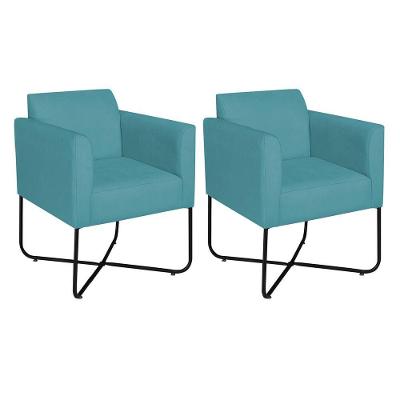 Kit 02 Poltronas Decorativas Andréia Base X Preta Suede Cor Azul Turquesa