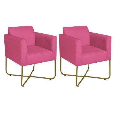 Kit 02 Poltronas Decorativas Andréia Base X Dourada Sintético Cor Pink