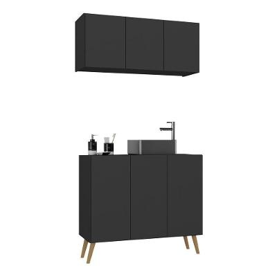 Conjunto Gabinete De Banheiro E Armário Aéreo Retrô Mp5055 Preto natural