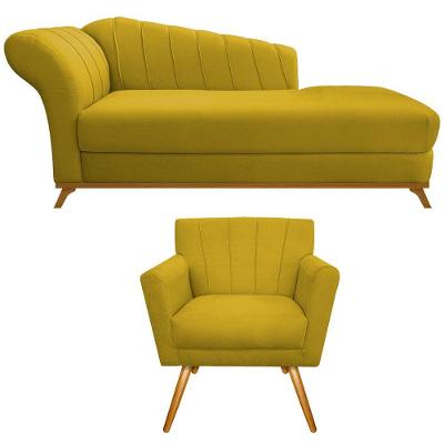 Kit Diva Recamier Vanessa 140cm Lado Direito E 01 Poltrona Laura Suede Cor Amarelo
