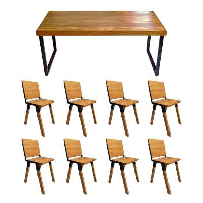 Conjunto Mesa Industrial Bernardo Madeira Maciça 2,20mx90cm C- Ferragem Preta E 8 Cadeiras Detroit Marrom