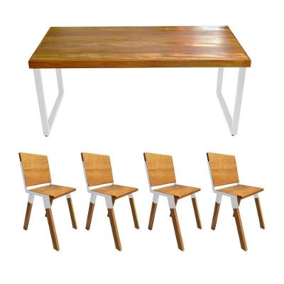 Conjunto Mesa Industrial Bernardo Madeira Maciça 1,20mx80cm C- Ferragem Branca E 4 Cadeiras Detroit Marrom