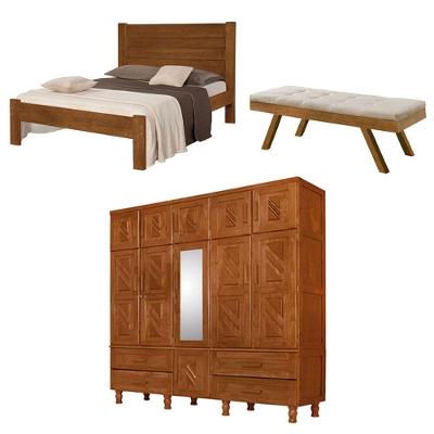 Kit Quarto Completo Cama Casal Lara Guarda Roupa Com Espelho E Recamier Rubi Bege - Imbuia