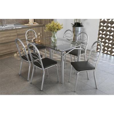 Kit Mesa Elba C- Tampo de Vidro 120cm + 6 Cadeiras Holanda Cromada Assento Preto