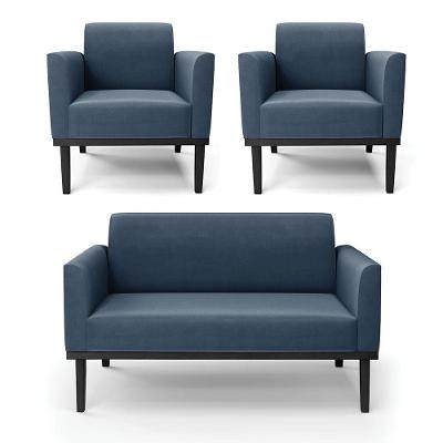Sofá Namoradeira Com 2 Poltronas Base De Madeira Fixa Preto Marisa Suede Azul Marinho D03 - D'Rossi