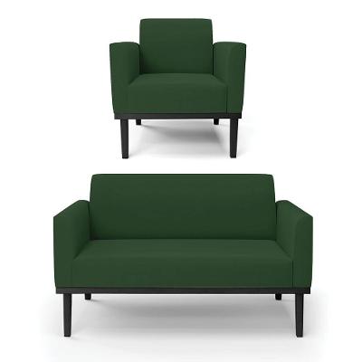 Sofá Namoradeira Com Poltrona Base De Madeira Fixa Preto Marisa Veludo D03 - D'Rossi Verde