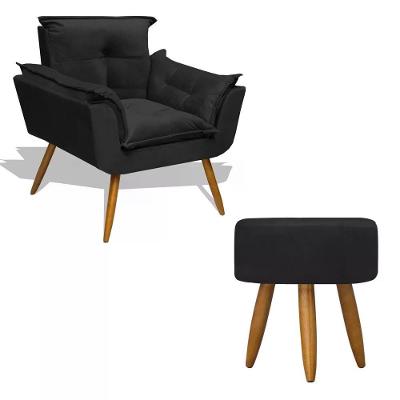 Kit Poltrona Decorativa Opala Com Puff Redondo - Preto Preto