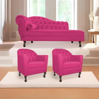 Kit Diva Recamier Diana 160Cm Lado Direito E 02 Poltronas Julia Suede - Doce Sonho Móveis Pink