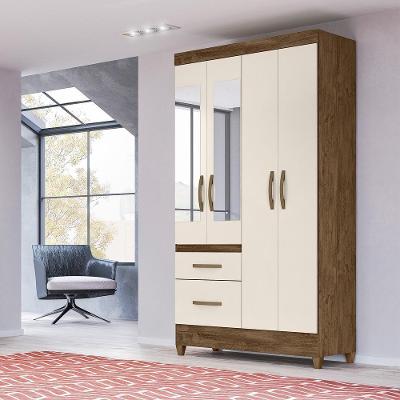 Guarda Roupa Solteiro 4 Portas Com Espelho 2 Gavetas Madri - Castanho Wood - Off White