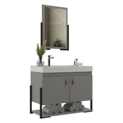Gabinete Banheiro 60cm 2 Portas Com Cuba E Espelheira Multimóveis Cr10105 Cimento Cimento