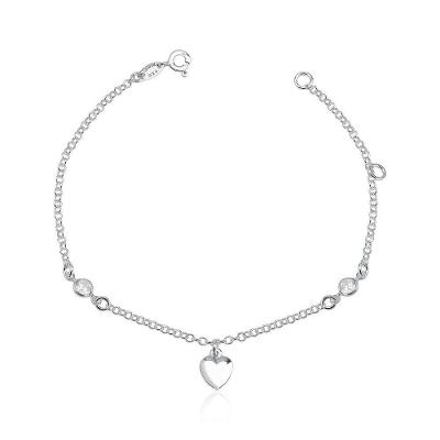 Tornozeleira Coração Liso/ Zirconias Prata 925 - 25cm