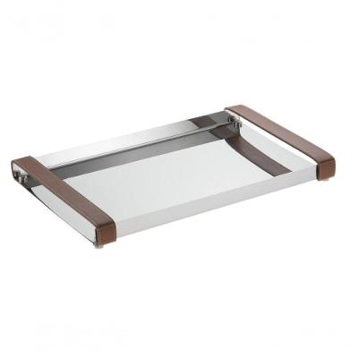Bandeja Inox Retangular Com Alças De Couro Grande 40x27 Cm Aparador Bar Bebidas Decorativa Casa