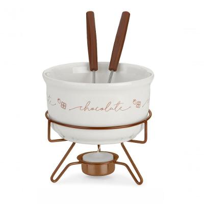 Conjunto Aparelho De Fondue Chocolate Porcelana Casal 5 Peças Doce Frutas Cerâmica