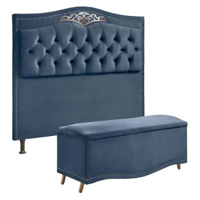 Conjunto Cabeceira E Calçadeira Holanda 1,60 Cm Veludo Star Confort Azul