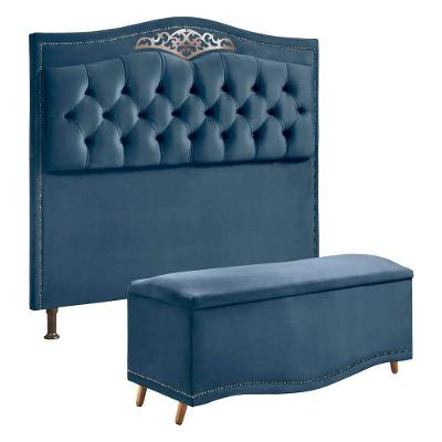 Conjunto Cabeceira E Calçadeira Holanda 90cm Veludo Star Confort Azul