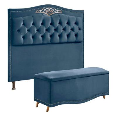 Conjunto Cabeceira E Calçadeira Holanda 140cm Veludo Luxor Azul Star Confort Azul