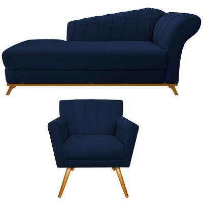 Kit Diva Recamier Vanessa 185cm Lado Esquerdo E 01 Poltrona Laura Suede Azul Marinho