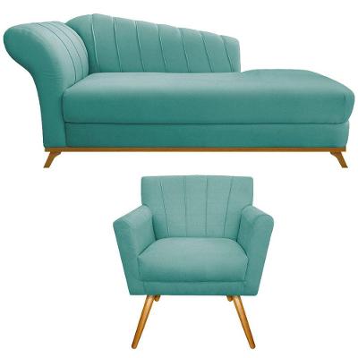 Kit Diva Recamier Vanessa 185cm Lado Direito E 01 Poltrona Laura Suede Azul Tiffany