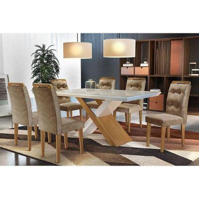 Conjunto: Mesa Sala Jantar Imperatriz c/ Tampo Madeirado c/ Vidro Canto Reto 180cm + 6 Cadeiras Imperatriz Imbuia/Chocolate - Rufato