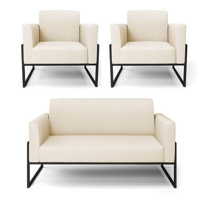 Sofá Namoradeira Com 2 Poltronas Base Industrial Alta Preto Marisa Linho D03 - D\'rossi Cor A19 Bege