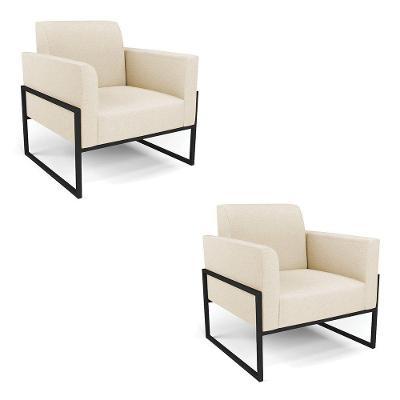 Kit 2 Poltronas Base Industrial Alta Preto Marisa Linho Bege A19 D03 - D\'rossi
