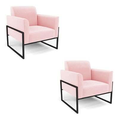 Kit 2 Poltronas Base Industrial Alta Preto Marisa Suede Rosa Bebê D03 - D\'rossi