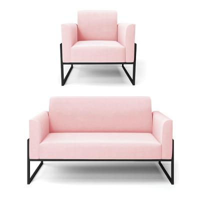 Sofá Namoradeira Com Poltrona Base Industrial Alta Preto Marisa Suede Rosa Bebê D03 - D\'rossi