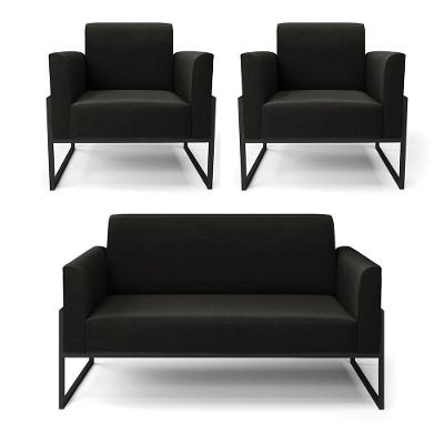 Sofá Namoradeira Com 2 Poltronas Base Industrial Alta Preto Marisa Suede D03 - D\'rossi Cor Preto