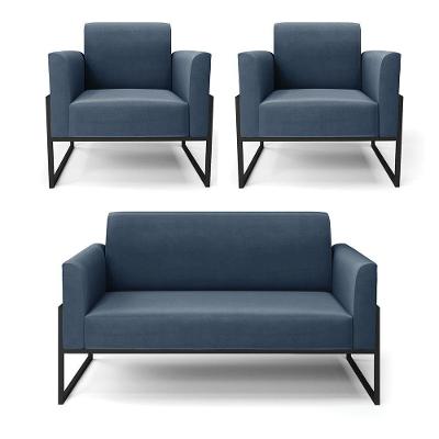 Sofá Namoradeira Com 2 Poltronas Base Industrial Alta Preto Marisa Suede D03 - D\'rossi Cor Azul Marinho