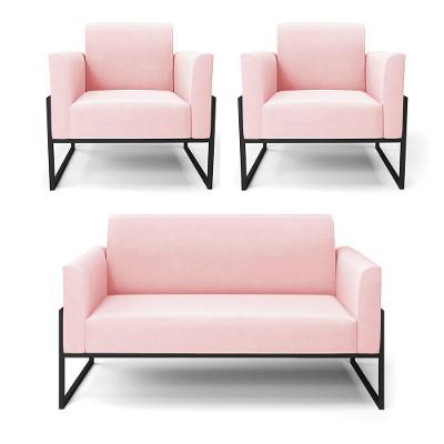 Sofá Namoradeira Com 2 Poltronas Base Industrial Alta Preto Marisa Suede Rosa Bebê D03 - D\'rossi