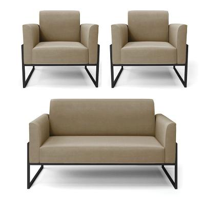 Sofá Namoradeira Com 2 Poltronas Base Industrial Alta Preto Marisa Suede Marrom Rato D03 - D\'rossi