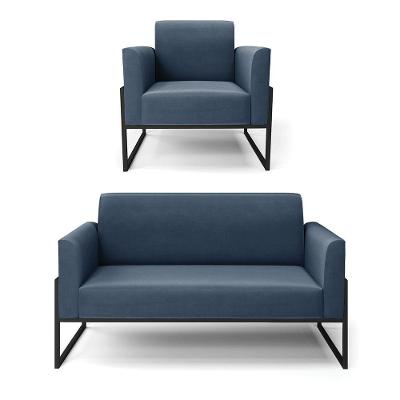 Sofá Namoradeira Com Poltrona Base Industrial Alta Preto Marisa Suede D03 - D\'rossi Cor Azul Marinho