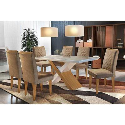Sala de Jantar Completa Imperatriz c/ Tampo Madeirado c/ Vidro Canto Reto 180cm + 6 Cadeiras Jade Imbuia/Chocolate Capuccino - Rufato