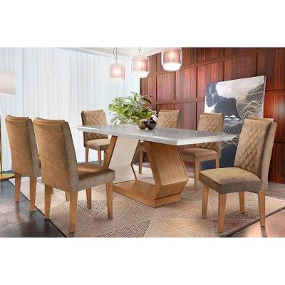 Conjunto: Mesa Sala Jantar Alvorada Tampo Madeirado 180cm Canto Reto + 6 Cadeiras Jade Imbuia/Chocolate - Rufato