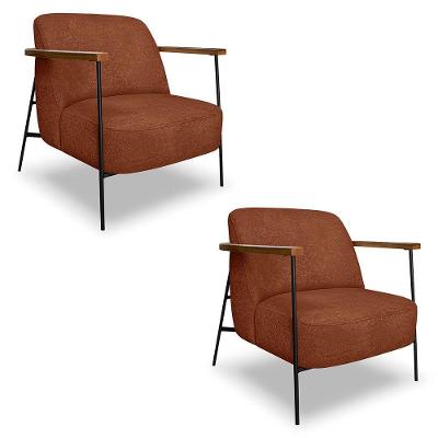 Kit 2 Poltronas Decorativa Celeste Linho Bouclê Marrom Base De Ferro Preto - Pallazio