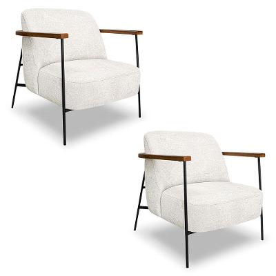 Kit 2 Poltronas Decorativa Celeste Linho Bouclê Bege Pérola Base De Ferro Preto - Pallazio