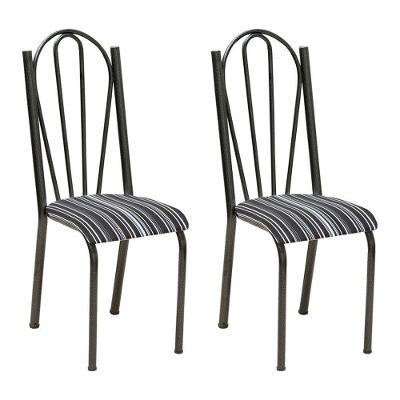 Kit 2 Cadeiras De Cozinha Alasca Estampado Preto Listrado Pés De Ferro Cromo Preto - Pallazio
