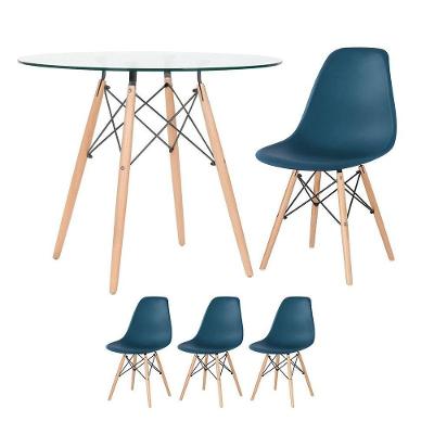 Mesa Redonda Eames Com Tampo De Vidro 90 Cm + 3 Cadeiras Eiffel Dsw Azul Petróleo