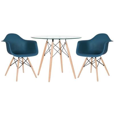 Mesa Redonda Eames Com Tampo De Vidro 90 Cm + 2 Cadeiras Eiffel Daw Azul Petróleo