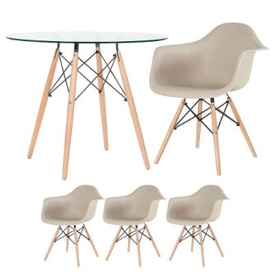 Mesa Redonda Eames Com Tampo De Vidro 90 Cm + 3 Cadeiras Eiffel Daw Nude