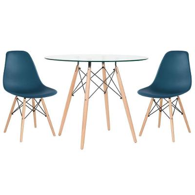 Mesa Redonda Eames Com Tampo De Vidro 90 Cm + 2 Cadeiras Eiffel Dsw Azul Petróleo Azul Petróleo