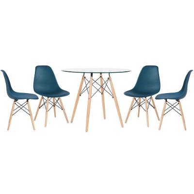 Mesa Redonda Eames Com Tampo De Vidro 90 Cm + 4 Cadeiras Eiffel Dsw Azul Petróleo