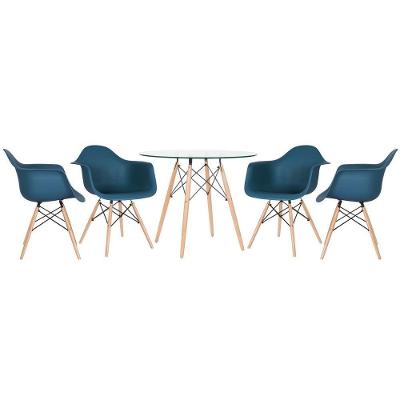 Mesa Redonda Eames Com Tampo De Vidro 90 Cm + 4 Cadeiras Eiffel Daw Azul-petróleo Azul-petróleo