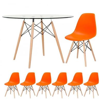Mesa Redonda Eames Com Tampo De Vidro 120 Cm + 6 Cadeiras Eiffel Dsw Laranja