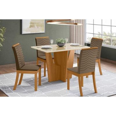 Sala de Jantar Completa Vértice c/ Tampo Madeirado Canto Reto 120cm + 4 Cadeiras Isa Nature/Veludo Light Bege Vanilla - Henn