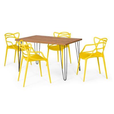 Conjunto Mesa De Jantar Retangular Hairpin Natural 130x80cm Com 4 Cadeiras Allegra - Amarelo