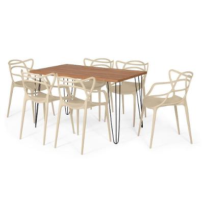 Conjunto Mesa De Jantar Retangular Hairpin Natural 130x80cm Com 6 Cadeiras Allegra - Nude