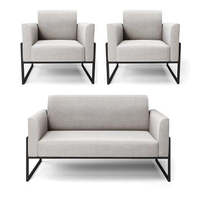 Sofá Namoradeira Com 2 Poltronas Base Industrial Alta Preto Marisa Veludo D03 - D\'rossi Cor Cinza
