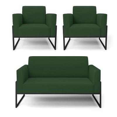 Sofá Namoradeira Com 2 Poltronas Base Industrial Alta Preto Marisa Veludo Verde D03 - D\'rossi