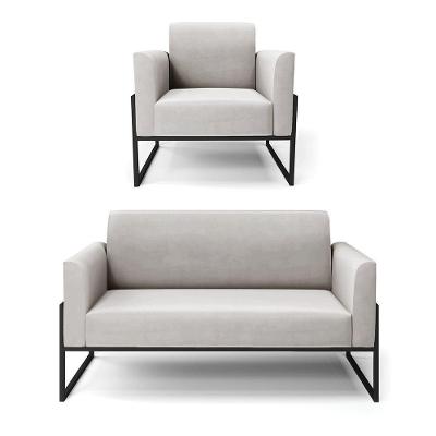 Sofá Namoradeira Com Poltrona Base Industrial Alta Preto Marisa Veludo D03 - D\'rossi Cor Cinza